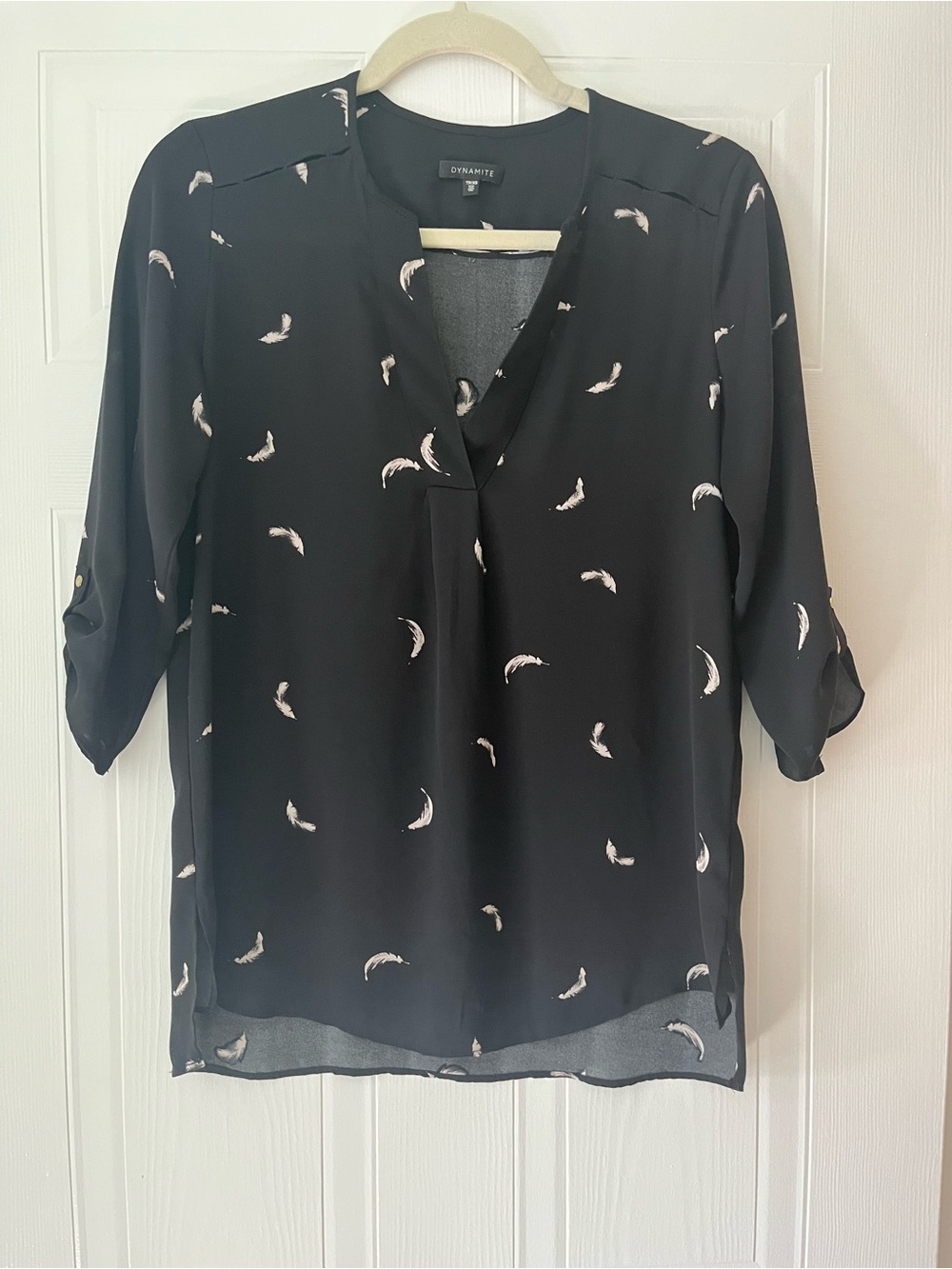Dynamite Black Blouse with White Feather Motif